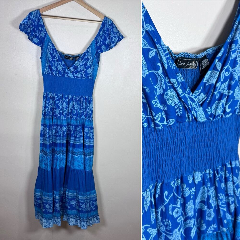 Jane Ashley Womens Maxi Dress Tiered Smocked Waist Boho 100% Cotton Cottage VTG